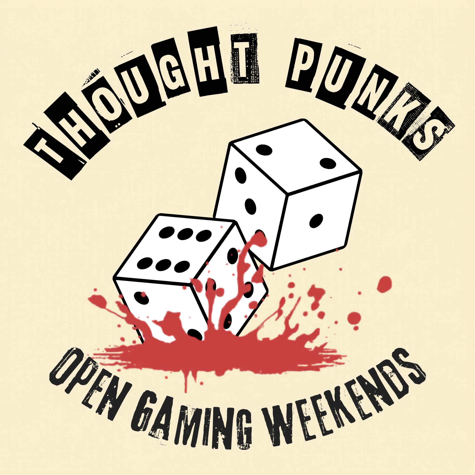 Thought Punks Open Gaming Weekends Logo, pair of d6 dice splashing into blood